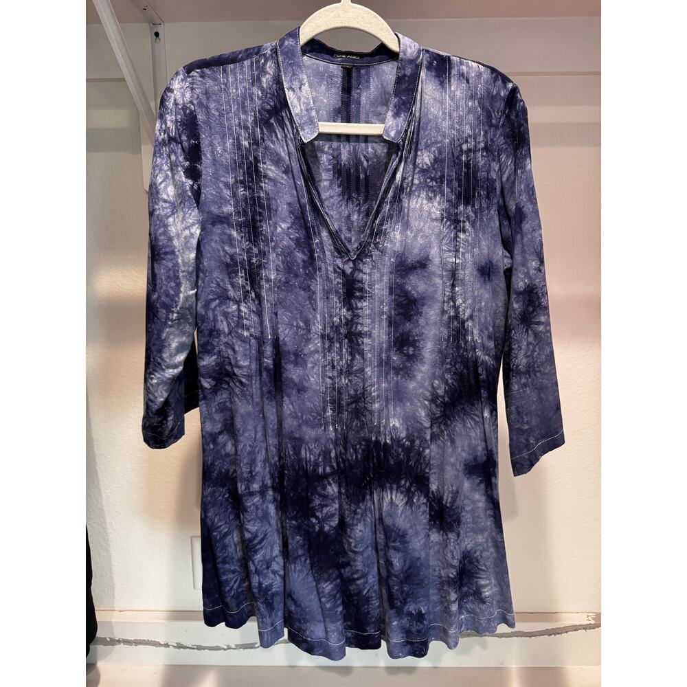 Pure Amici Small Blue Tie Dye Tunic Top 3/4 Sleeve Boho Casual V Neck Blouse